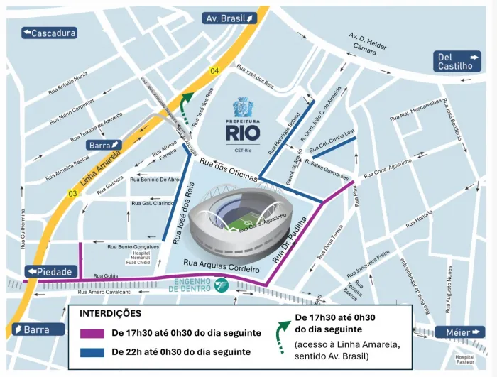 Interdições ao tráfego no entorno do estádio começam às 13h30. Arte: CET-Rio