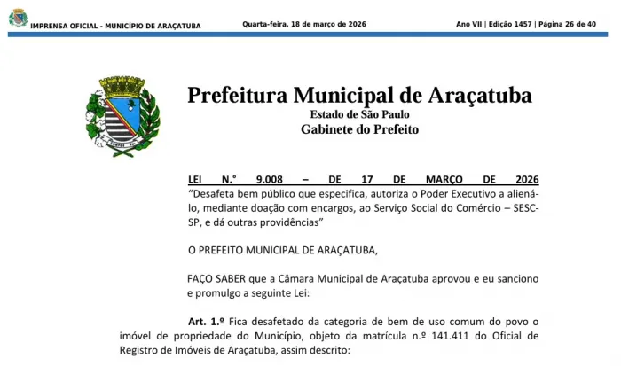 Sancionada a lei de doação do Centro Cultural Ferroviário de Araçatuba ao Sesc São Paulo