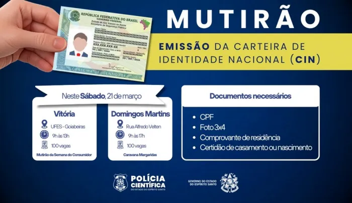 Polícia Científica realiza atendimento para emissão da Carteira de Identidade Nacional em Vitória e Domingos Martins neste sábado (21)