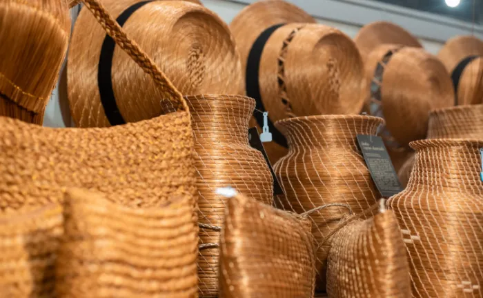 Peças em capim-dourado produzidas na comunidade quilombola Mumbuca, no Jalapão, técnica tradicional costurada com seda de buriti e reconhecida como símbolo do artesanato tocantinense - Foto: Kadu Souza/Governo do Tocantins