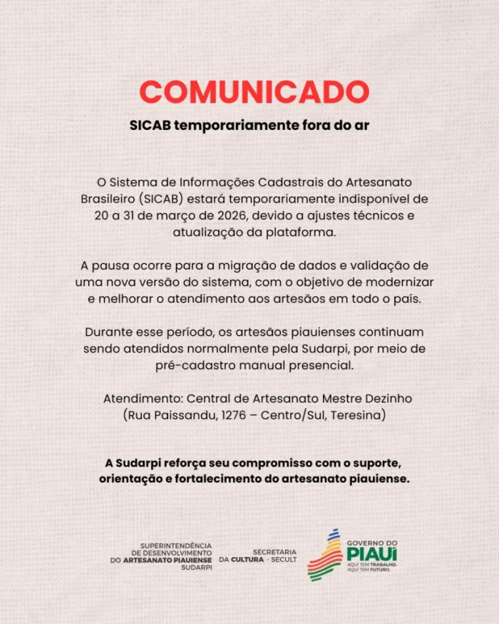 Sistema de Informações Cadastrais do Artesanato Brasileiro ficará indisponível até dia 31 de março