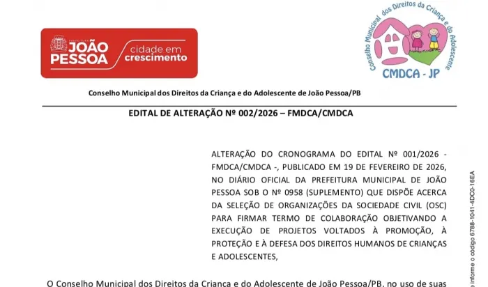 Prefeitura divulga alteração no cronograma do edital do CMDCA-JP para projetos sociais