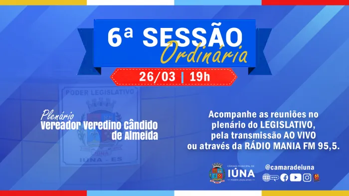 Câmara Municipal convoca vereadores para 6ª Sessão Ordinária