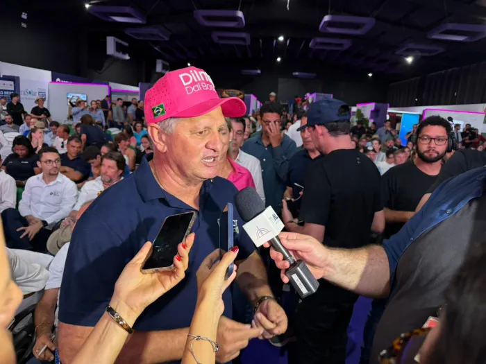 Deputado Dilmar Dal Bosco em entrevista coletiva durante a Show Safra 2026, em Lucas do Rio VerdeFoto: JUNIOR POYER
