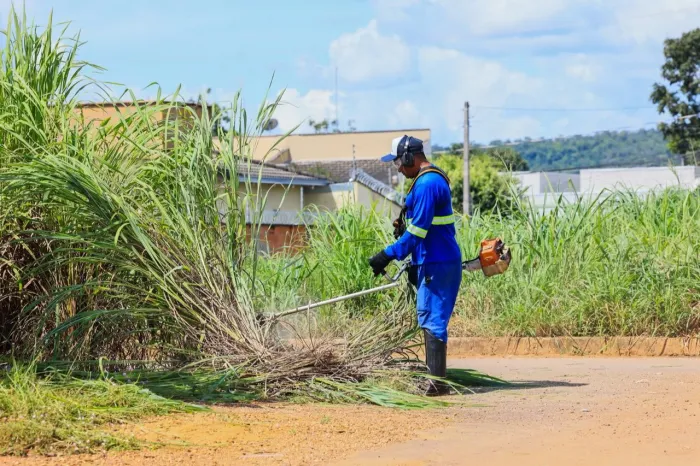 Trabalhador realiza roçagem em avenida do Bertaville - Crédito da foto: Regiane Rocha/Secom