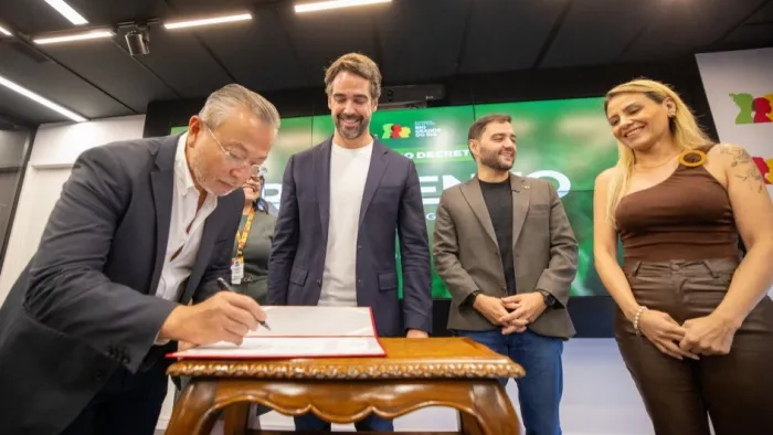 Oficialização dos investimentos por Leite e Gabriel, com secretários da Segurança e de Planejamento -Foto: Maurício Tonetto/Secom