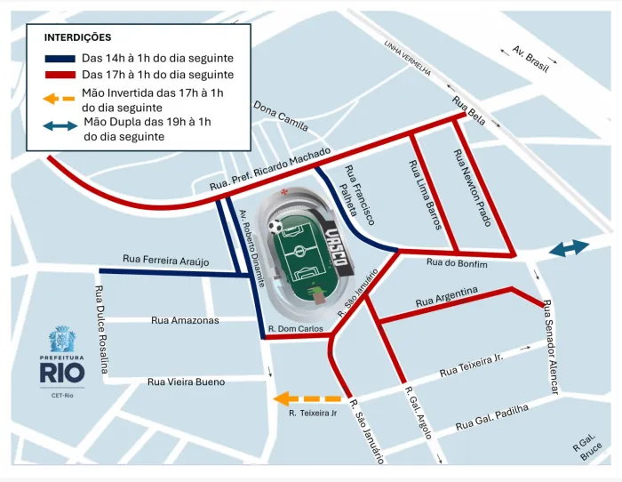 Operação de trânsito da CET-Rio altera circulação no entorno de São Januário para jogo do Vasco