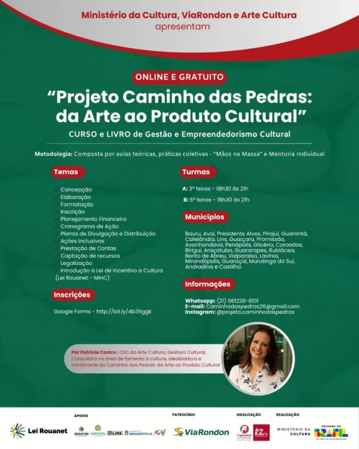 Projeto “Caminho das Pedras” abre 150 vagas gratuitas para formação em gestão cultural