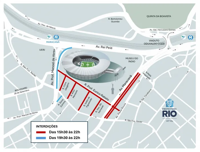 Operação da CET-Rio contará com interdições e restrições de estacionamento na região. Arte: CET-Rio