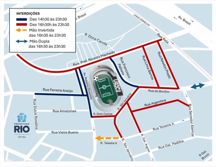 Vias da região do estádio terão interdições e restrições de estacionamento. Arte: CET-Rio