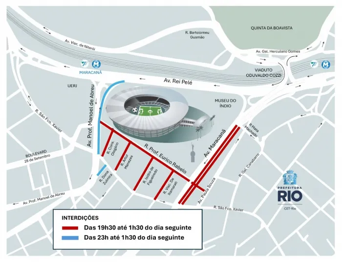 Interdições acontecem a partir das 19h30 desta terça (12), com operação da CET-Rio. Arte: CET-Rio