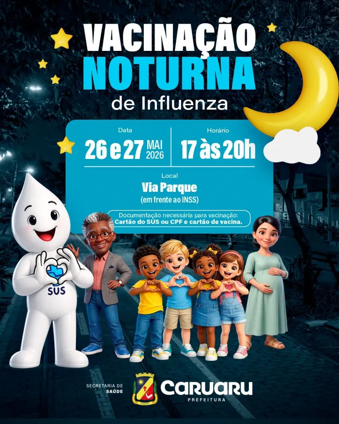 Vacinação noturna contra a Influenza será realizada nesta terça (26) e quarta-feira (27), na Via Parque, em Caruaru