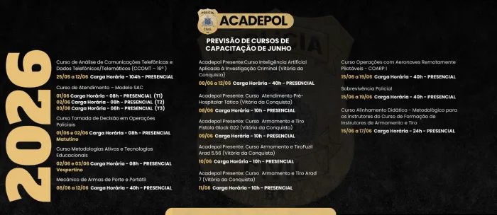 Polícia Civil da Bahia divulga cronograma de capacitações da ACADEPOL para o mês de junho