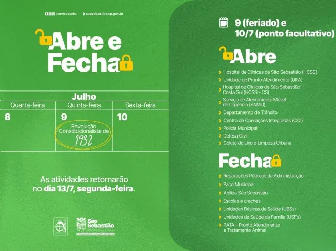 Veja o que abre e fecha em São Sebastião durante feriado da Revolução Constitucionalista