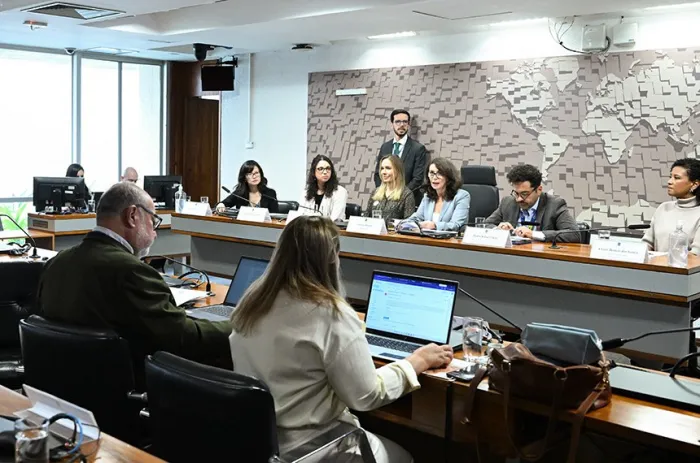 A presidente do CCS (ao centro, ao microfone), Patricia Blanco, com convidados da audiência desta segunda - Foto: Geraldo Magela/Agência Senado