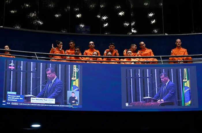 Nelsinho Trad lê o parecer, observado por representantes dos bombeiros nas galerias - Foto: Carlos Moura/Agência Senado