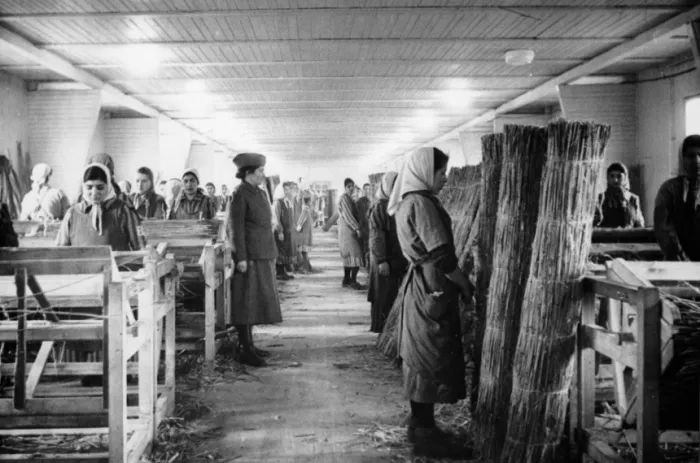 Prisioneiras ciganas trabalham em campo de concentração em Ravensbrück, na Alemanha, no início dos anos 1940 - Foto: Memorial do Holocausto