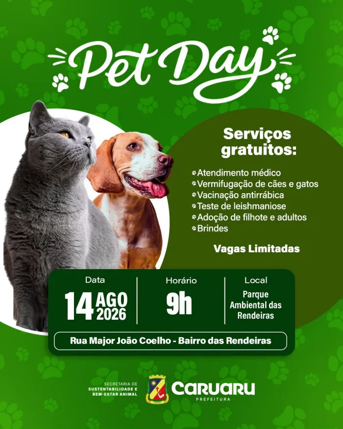 Prefeitura de Caruaru promove Pet Day com serviços gratuitos para cães e gatos nesta sexta-feira (14), no bairro Rendeiras