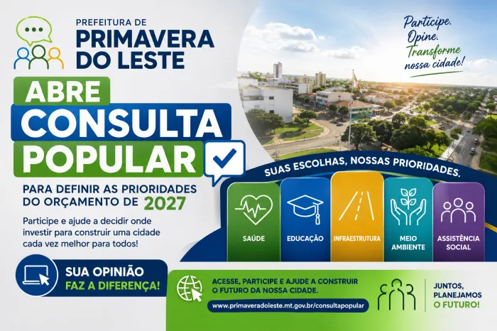 Prefeitura de Primavera do Leste abre consulta popular para definir prioridades do orçamento de 2027