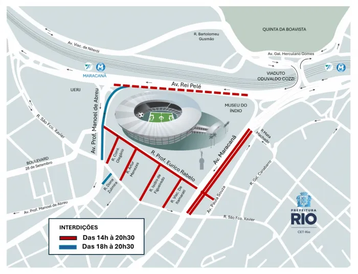Esquema contará com interdições e restrições de estacionamento neste sábado (15/08). Arte: CET-Rio