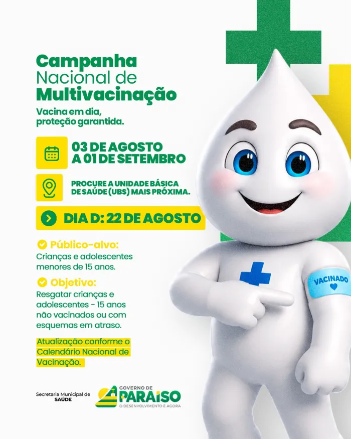 Campanha Nacional de Multivacinação segue em Paraíso até 1º de setembro; Dia D será neste sábado