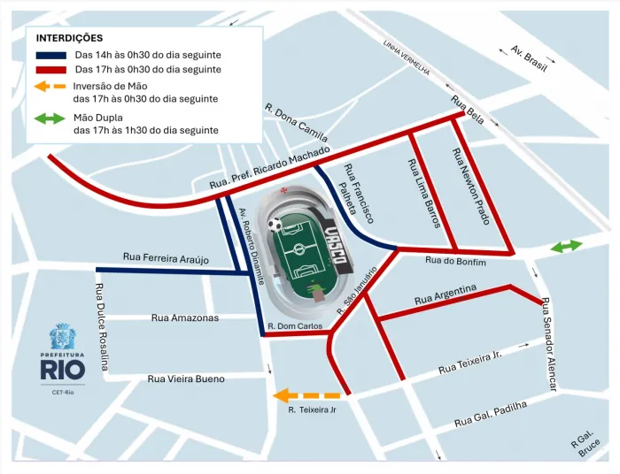 Vias do entorno do estádio São Januário serão interditadas a partir das 14h. Arte: CET-Rio