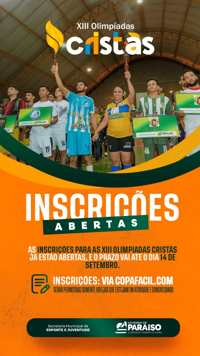 Inscrições abertas para a 13ª Olimpíadas Cristãs em Paraíso; competição terá futebol society como novidade