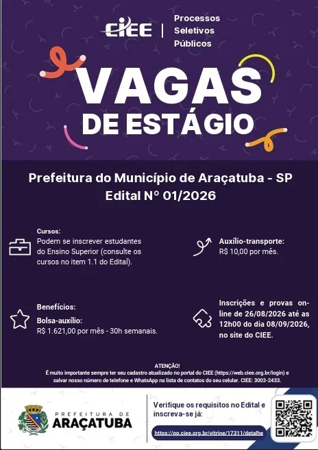 Prefeitura de Araçatuba abre inscrições para cadastro de reserva de estágio em 33 cursos