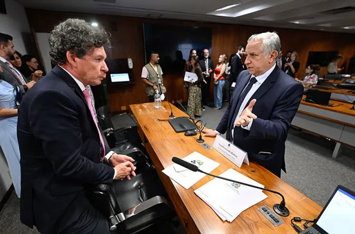 O senador Izalci Lucas (à direita) conversa com o deputado Reginaldo Lopes, presidente da comissão - Foto: Carlos Moura/Agência Senado
