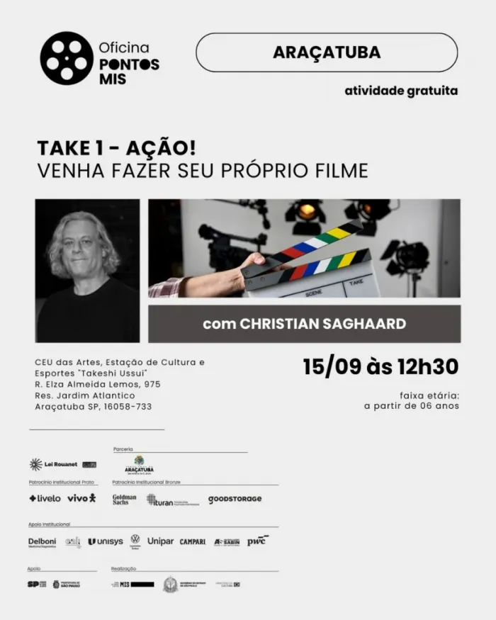 Araçatuba recebe oficina de cinema gratuita do programa Pontos MIS no dia 15 de setembro