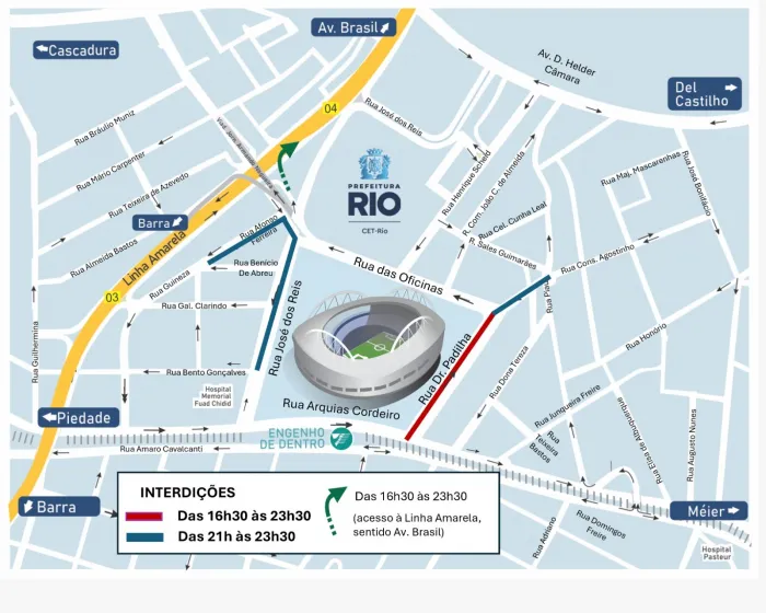 Alterações no trânsito na região do estádio acontecem a partir das 16h30. Arte: CET-RIO