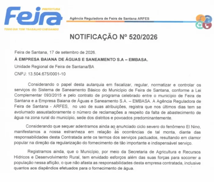 ARFES notifica Embasa e cobra providências para regularizar abastecimento de água na zona rural de Feira de Santana