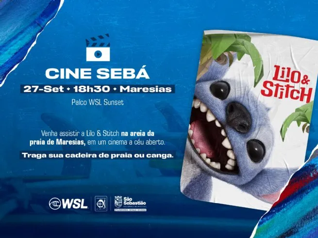 São Sebastião amplia programação da WSL com Cine Seba e cinema gratuito em Maresias neste domingo