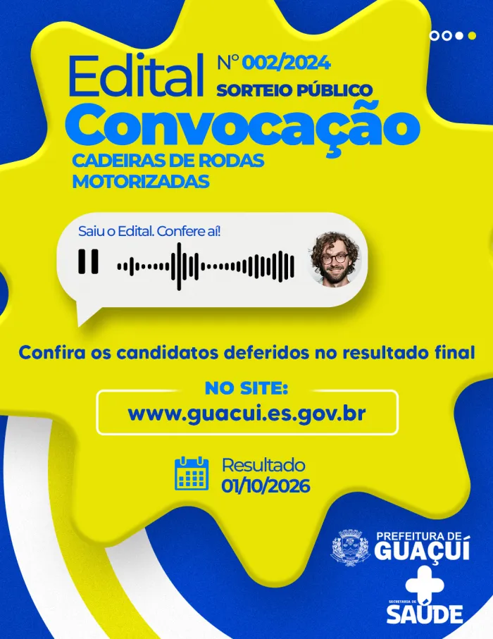 Prefeitura de Guaçuí convoca usuário de cadeiras de rodas motorizadas para sorteio de concessão de uso