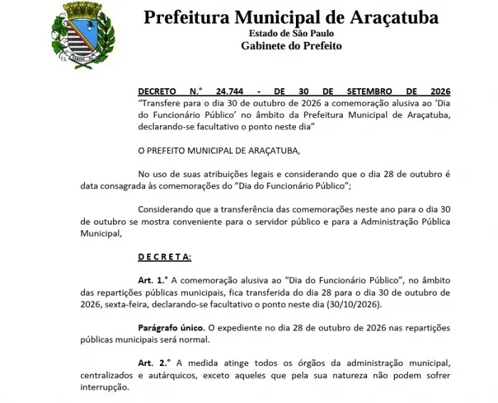 Foto: Reprodução/Prefeitura de Araçatuba - SP