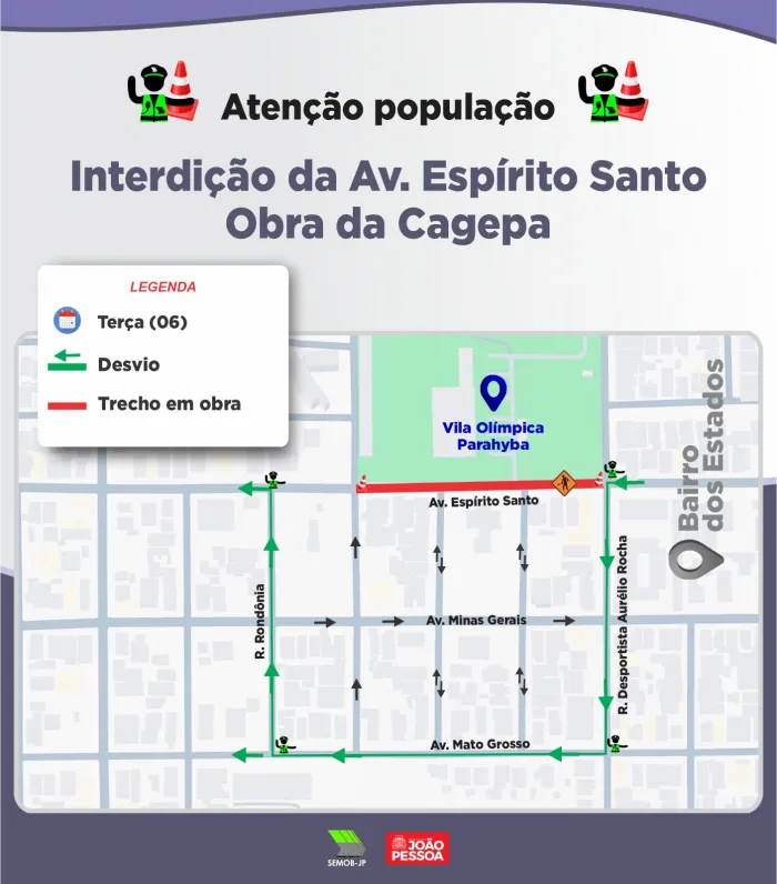 Semob-JP interdita trecho da Avenida Espírito Santo a partir desta terça-feira