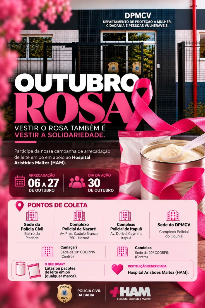 Outubro Rosa da Polícia Civil promove campanha de arrecadação para o Hospital Aristides Maltez - 06/10/2026 - Fonte/Crédito: Paloma Simina / Ascom-PCBA
