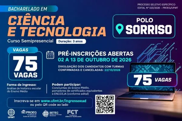 Sorriso tem 75 vagas para graduação da UFMT pelo sistema UAB