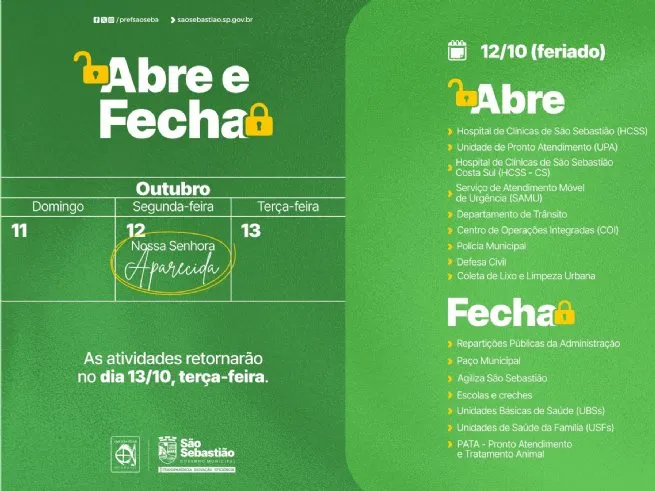 Confira o que abre e fecha nos órgãos públicos em São Sebastião no feriado da Padroeira do Brasil