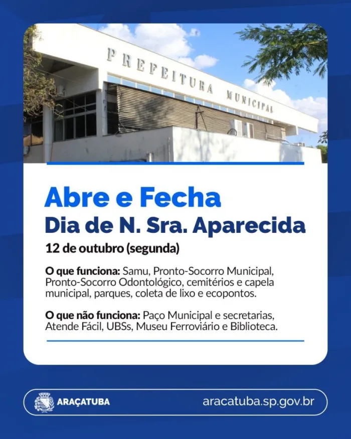 Araçatuba mantém serviços essenciais durante o feriado de 12 de outubro
