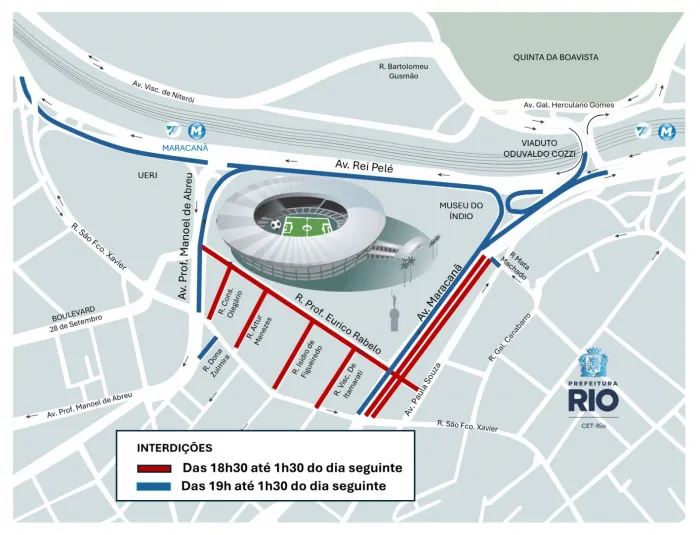 Interdições no entorno do estádio acontecem a partir das 18h30. Arte: CET-RIO