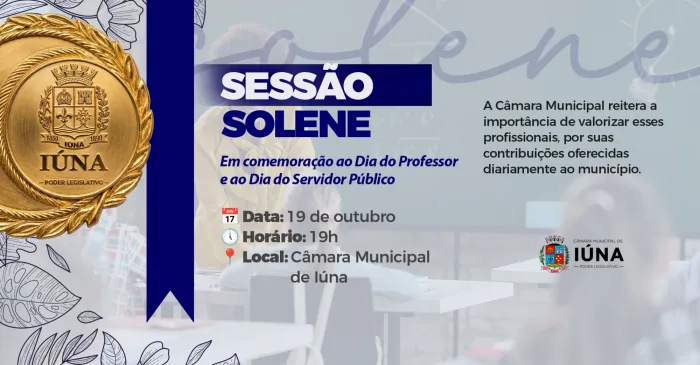 Câmara Municipal realiza Sessão Solene dedicada a Professores e Servidores Públicos no próximo dia 19