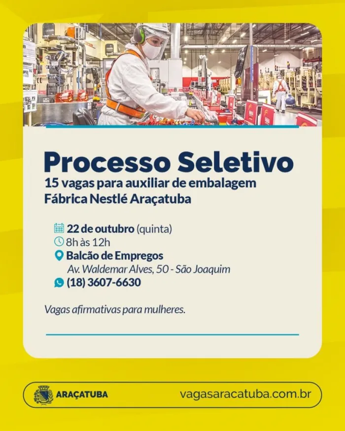 Balcão de Empregos oferece 15 vagas em processo seletivo da Nestlé
