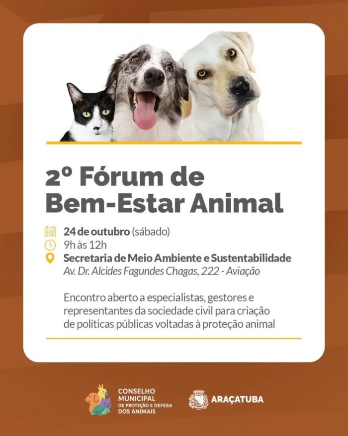 Araçatuba realiza 2º Fórum de Bem-Estar Animal neste sábado